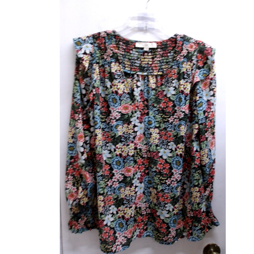LOFT Floral Long Sleeve Blouse V Neck Pintuck Pleated Multicolor Top XL /#26770